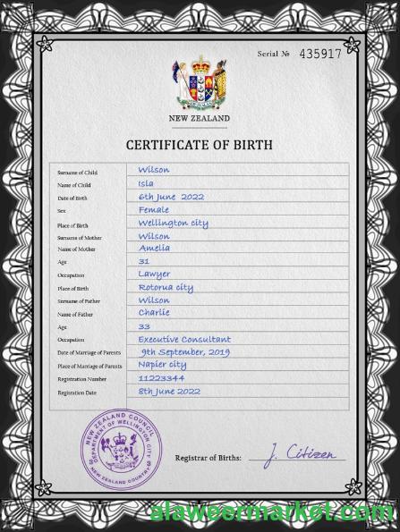 New Zealand birth certificate PSD template